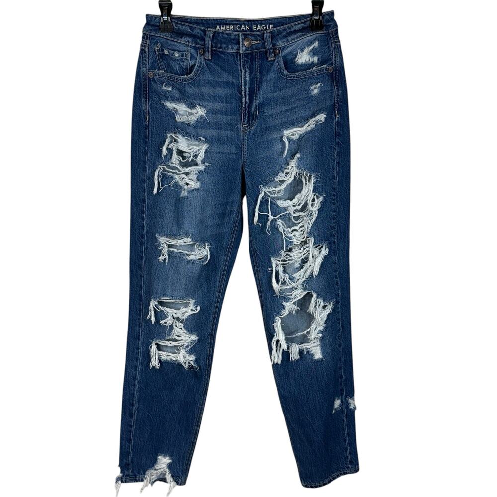 American Eagle SZ 4 Mom Jeans Hi-Rise Distressed Rips Zip-Fly Whiskered Blue